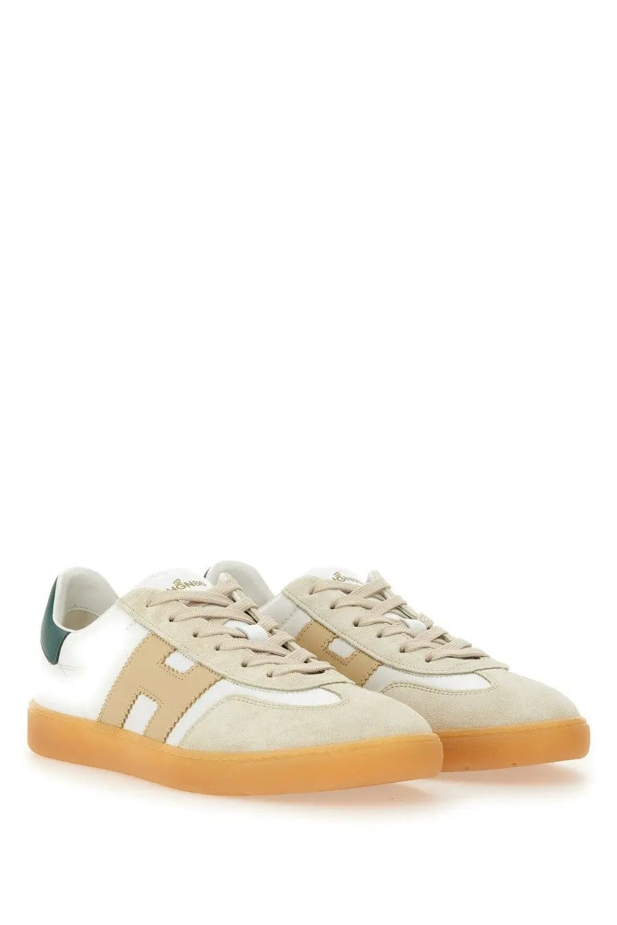 Beige and white suede hogan men’s sneaker cool white with green heel tab and orange rubber sole shown from the back