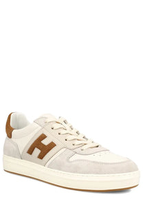 Hogan men’s sneaker grey suede in beige and brown with a brown h logo white laces and white rubber sole