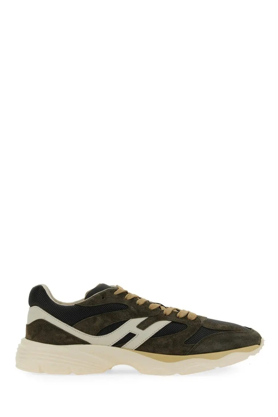 Hogan men’s sneaker grey in dark olive suede and mesh with cream laces white stripe and chunky off-white rubber sole