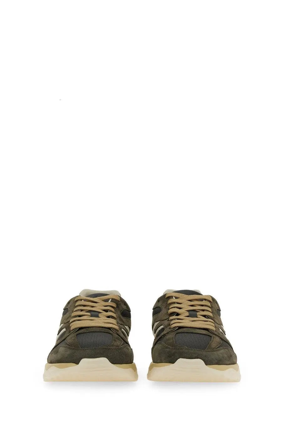 Hogan men’s sneaker grey dark olive suede with beige laces and chunky off-white rubber sole front view