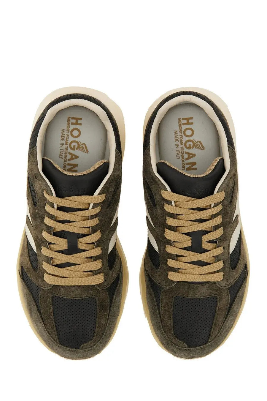 Hogan men’s sneaker grey in olive green suede and black mesh with beige laces and cream rubber sole front view