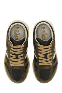 Hogan men’s sneaker grey in olive green suede and black mesh with beige laces and cream rubber sole front view