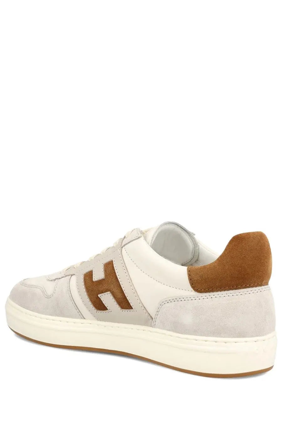 Hogan men’s grey low-top sneaker in white and tan suede with a prominent brown h logo on the side