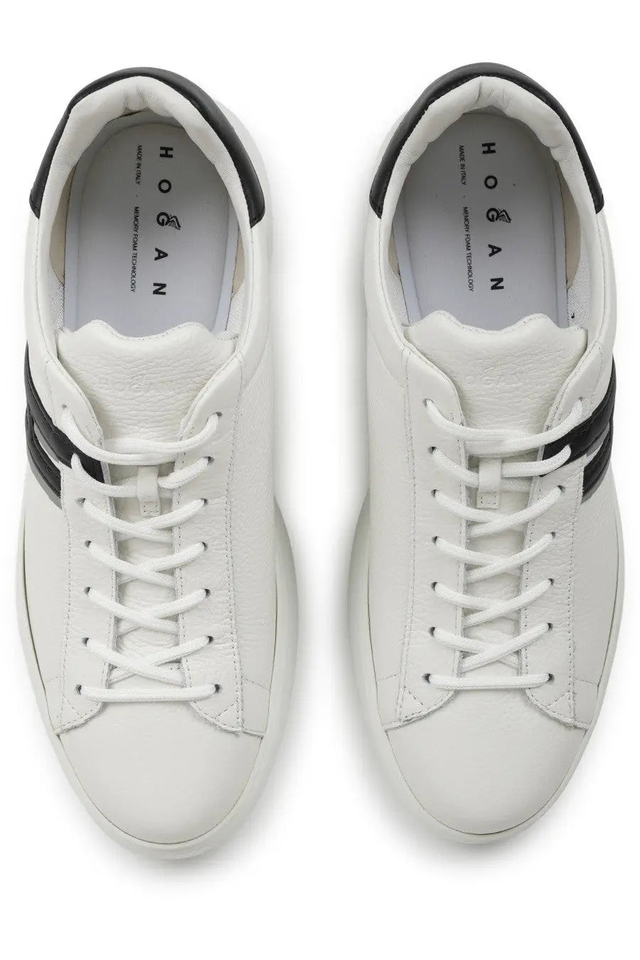 Hogan men’s sneaker h580 white leather with black accents on sides and heel shown from the back side