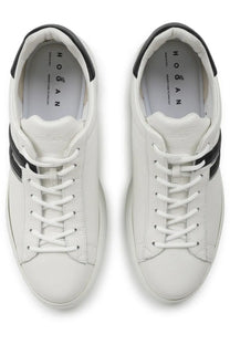Hogan men’s sneaker h580 white leather with black accents on sides and heel shown from the back side