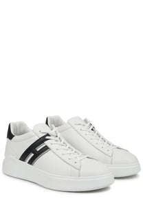 Hogan men’s sneaker h580 white leather with black stripe and heel tab featuring chunky white sole