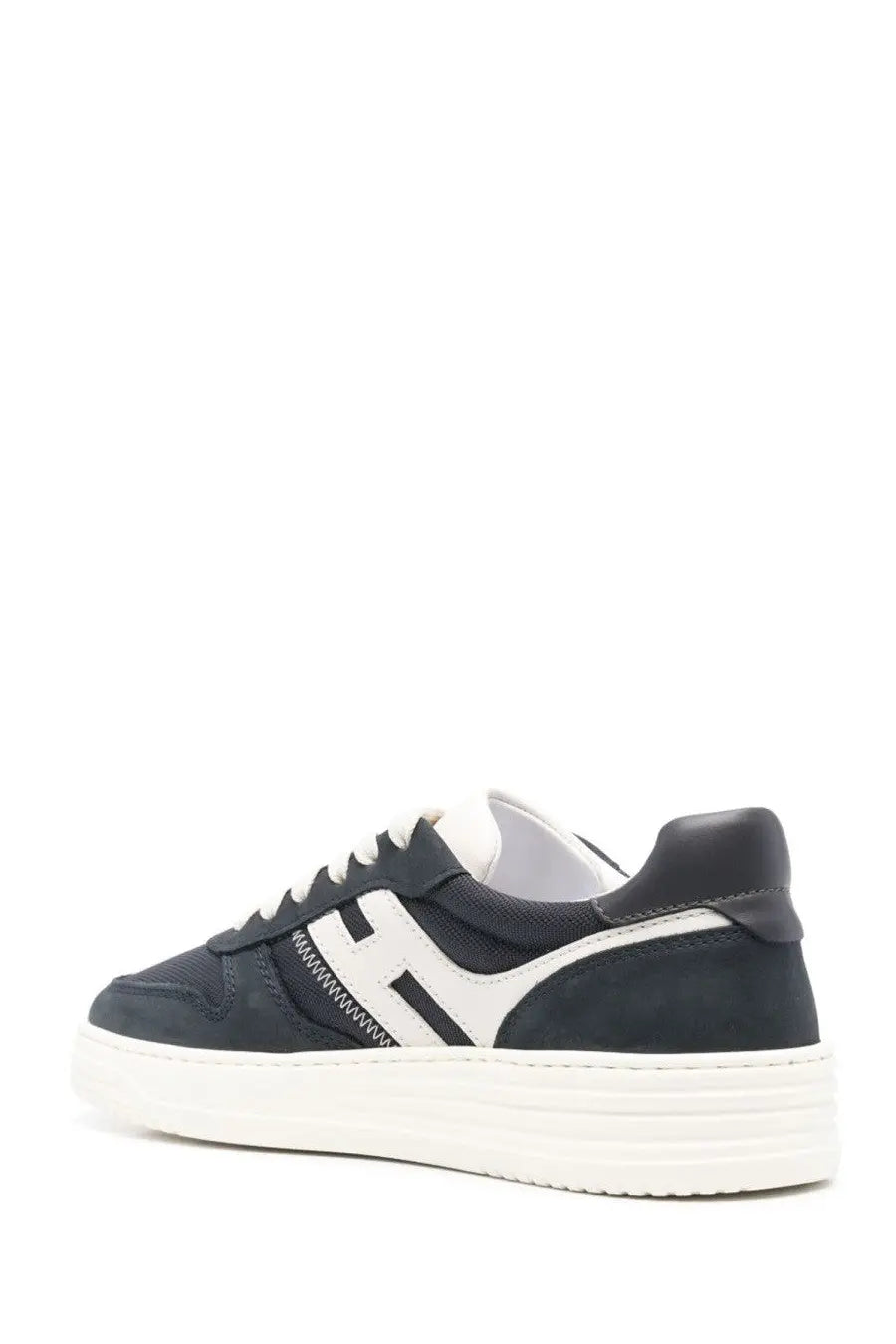 Hogan men’s sneaker h630 in blue with dark navy suede white leather and bold black logo stripe