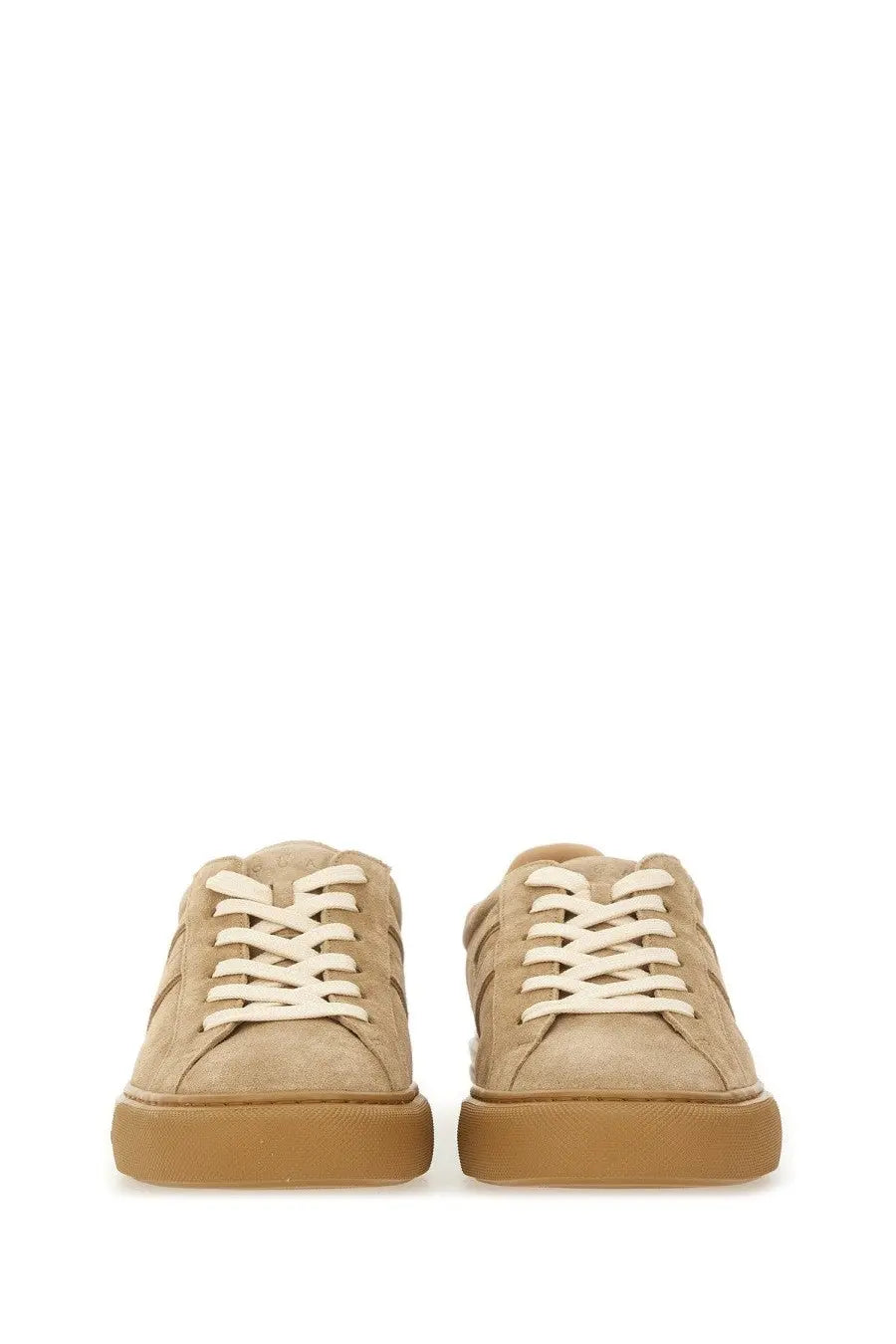 Hogan men’s sneaker H691 beige featuring beige suede low-top design with cream laces and tan rubber sole