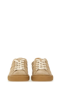 Hogan men’s sneaker H691 beige featuring beige suede low-top design with cream laces and tan rubber sole