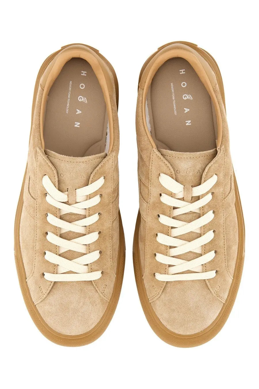 Hogan men’s sneaker H691 beige tan suede with cream laces and matching rubber sole in front view