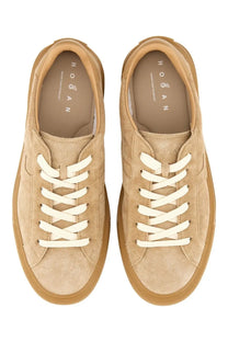 Hogan men’s sneaker H691 beige tan suede with cream laces and matching rubber sole in front view