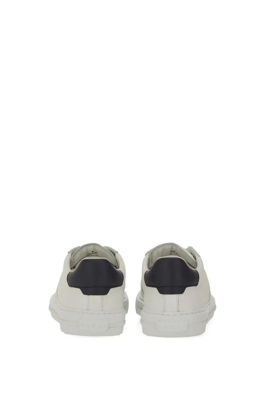 Hogan men’s sneaker h691 white leather sneakers with black rubber heel tabs and minimalist design shown from the back