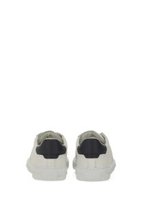 Hogan men’s sneaker h691 white leather sneakers with black rubber heel tabs and minimalist design shown from the back