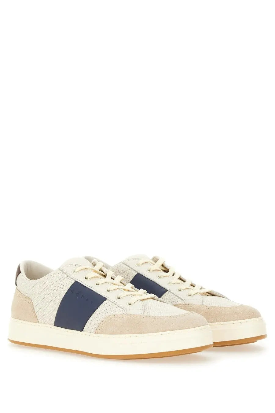Hogan men’s sneaker multicolor low-top beige and navy blue suede shoes with white rubber sole