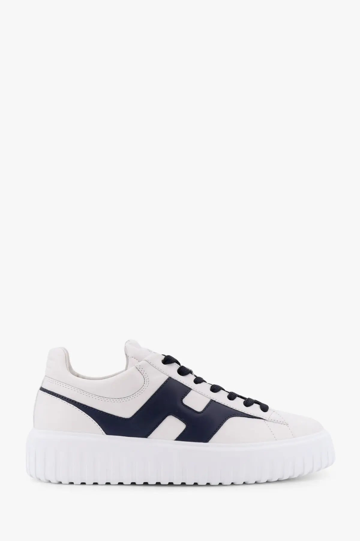 Hogan men’s stripes leather sneakers in white and navy blue suede with low-top design and chunky white sole