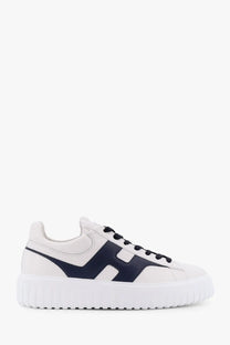 Hogan men’s stripes leather sneakers in white and navy blue suede with low-top design and chunky white sole