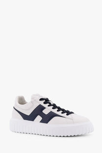 Hogan men’s stripes leather sneakers in white with navy blue h logo black laces and chunky white rubber sole