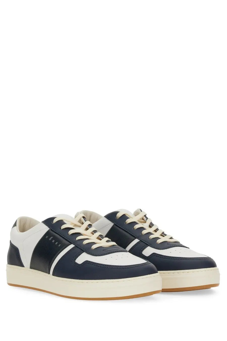 Navy and white leather low-top hogan tv sneaker for men with cream laces and chunky sole