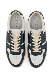 Hogan men’s Hogan TV sneaker in navy and white with cream laces and leather detailing