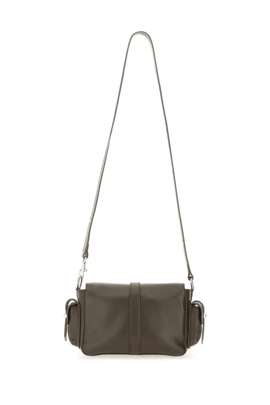 Hogan women’s small brown flap bag in dark olive green leather with sleek minimalist design and silver hardware
