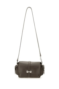 Hogan women’s small flap bag in dark olive green leather with silver metal clasp and adjustable crossbody strap