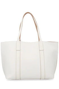 Hogan women’s white leather tote bag with beige handles and vertical strap accents for stylish carrying