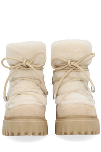 Hogan women’s ankle boot h700 beige with cream-colored shearling lining suede upper and chunky rubber sole