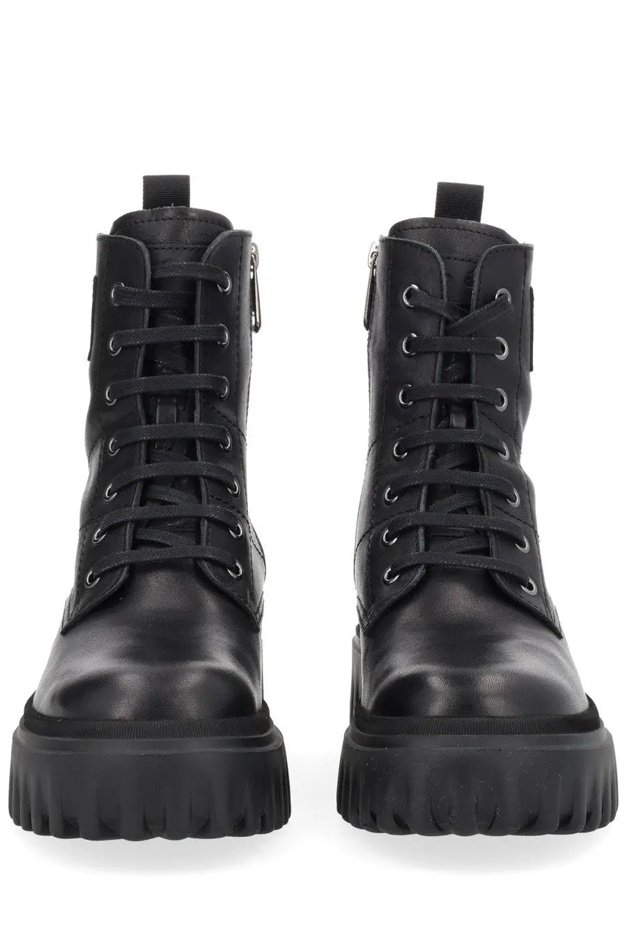 Hogan women’s boot H700 black leather combat boots with thick textured soles and laces through silver eyelets