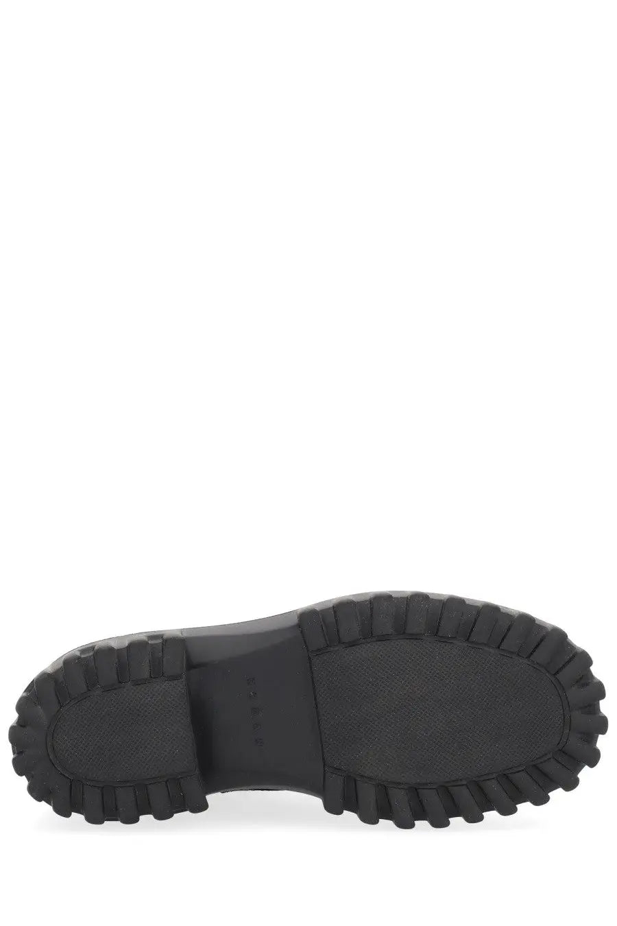 Black rubber sole of hogan womens boot h700 black with rugged chunky tread pattern and textured heel area back view