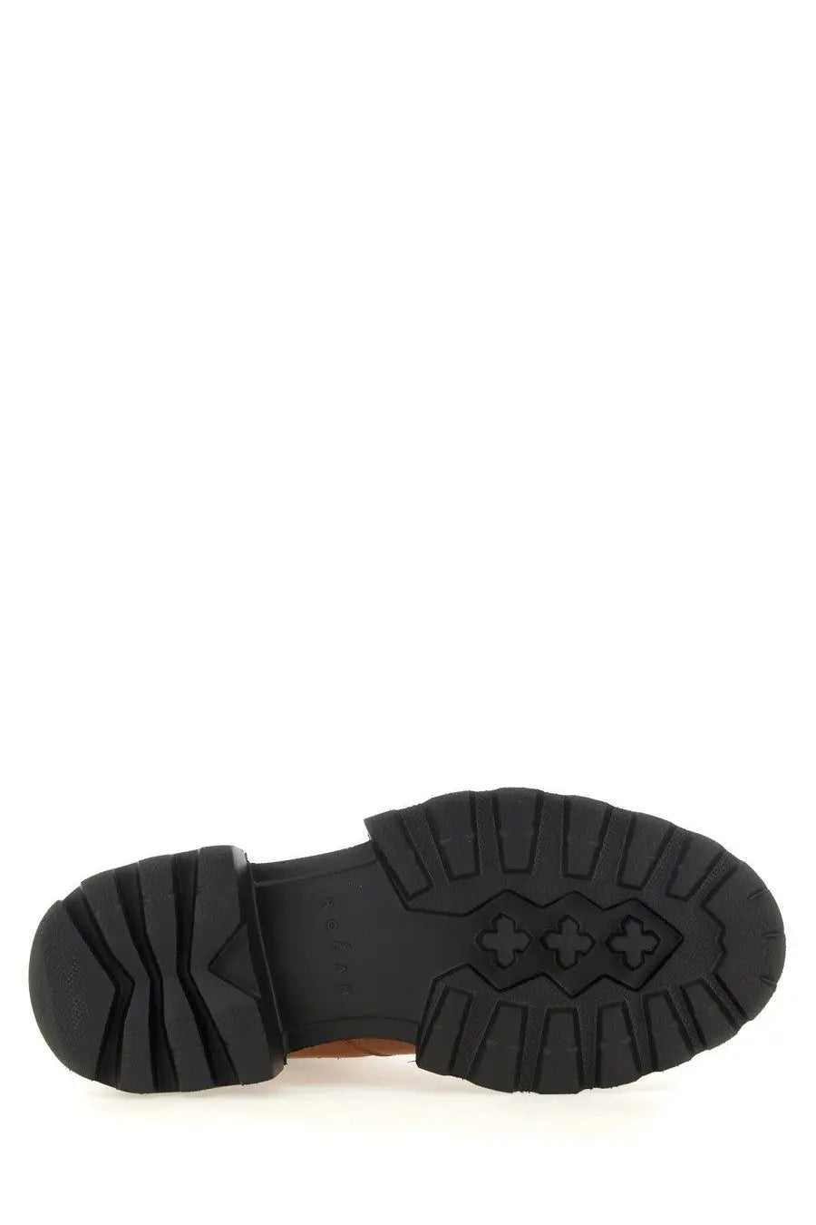 Black rubber sole with textured tread and three embossed cross symbols on Hogan women’s brown Chelsea boot