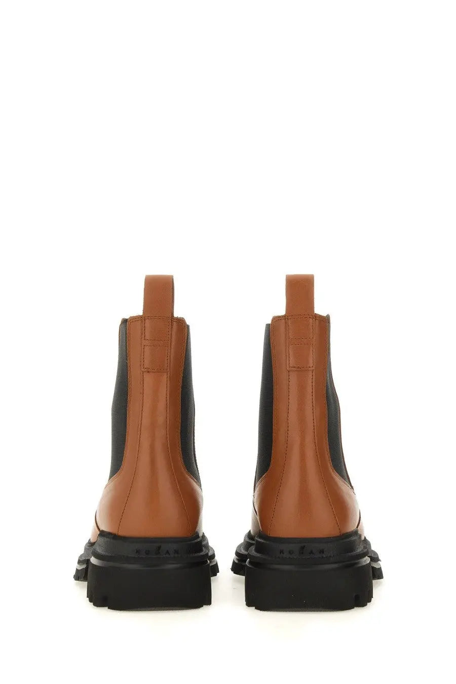 Hogan women’s Chelsea boot brown with tan and black leather upper and chunky rubber sole for casual wear