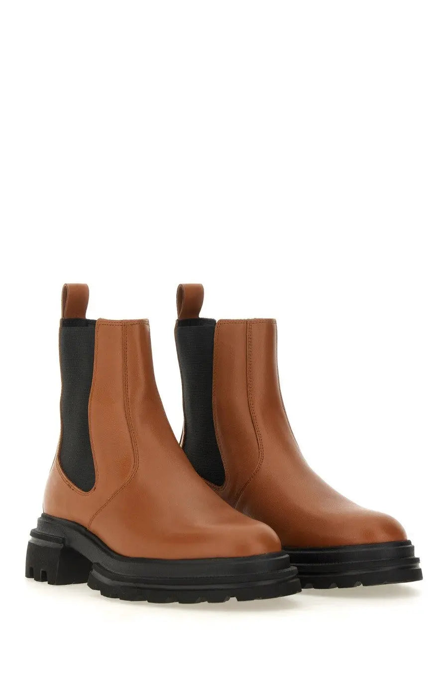 Hogan women’s chelsea boot brown tan leather with black elastic side panels and chunky rubber soles front view