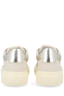 Hogan women’s crosswind sneaker white cream leather with metallic silver heel accent and chunky off-white rubber sole back view