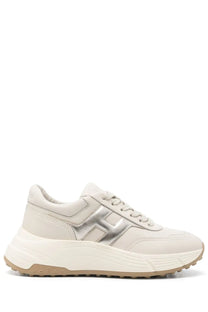 Cream-colored Hogan women’s hi fi sneaker with metallic silver logo panel and chunky white sole in beige tone