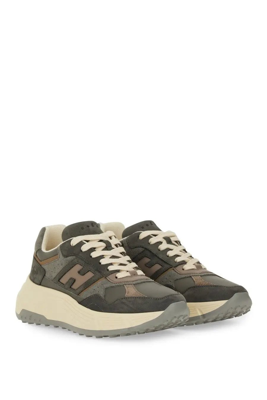 Hogan women’s hi fi sneaker grey in dark olive and beige with chunky sole and contrasting brown logo detail
