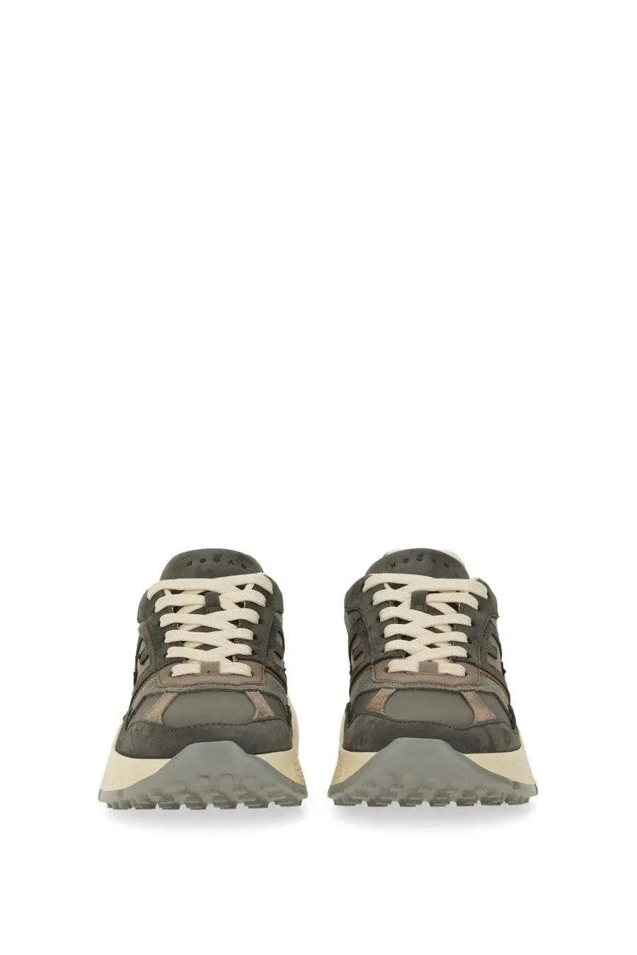 Hogan women’s hi fi sneaker grey in olive green and beige with suede and mesh upper and thick rubber sole