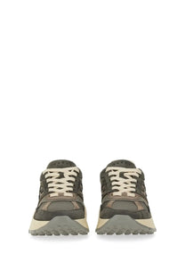 Hogan women’s hi fi sneaker grey in olive green and beige with suede and mesh upper and thick rubber sole