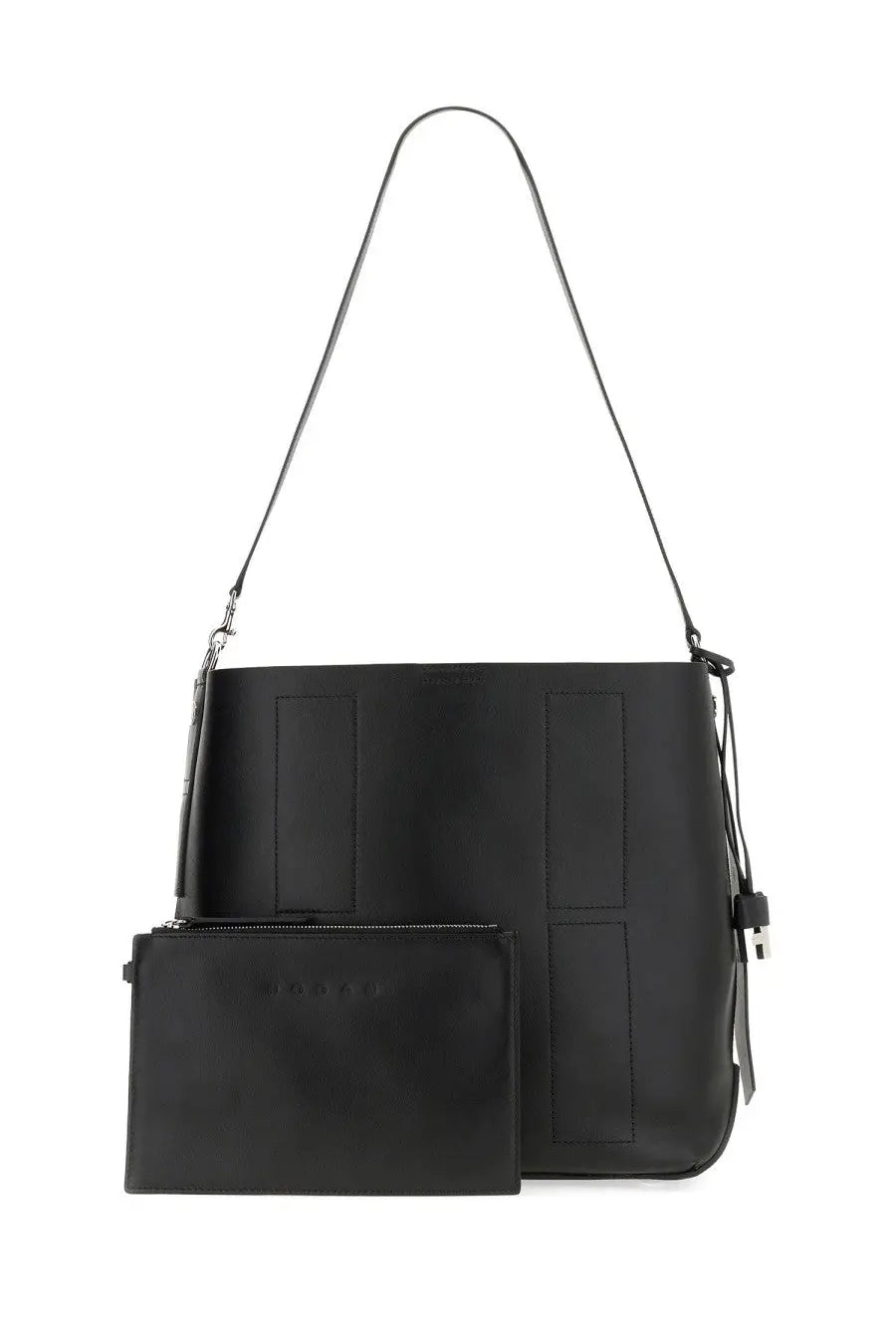 Hogan women’s black leather shoulder bag with rectangular panel design and matching small zippered pouch