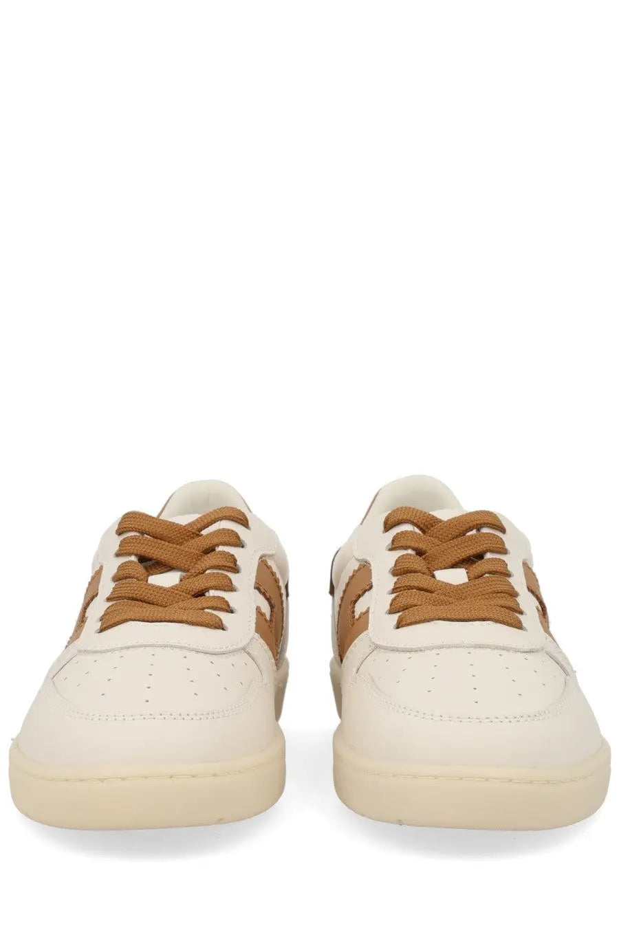 Cream-colored leather hogan women’s sneaker beige with tan laces and matching side stripes for casual wear