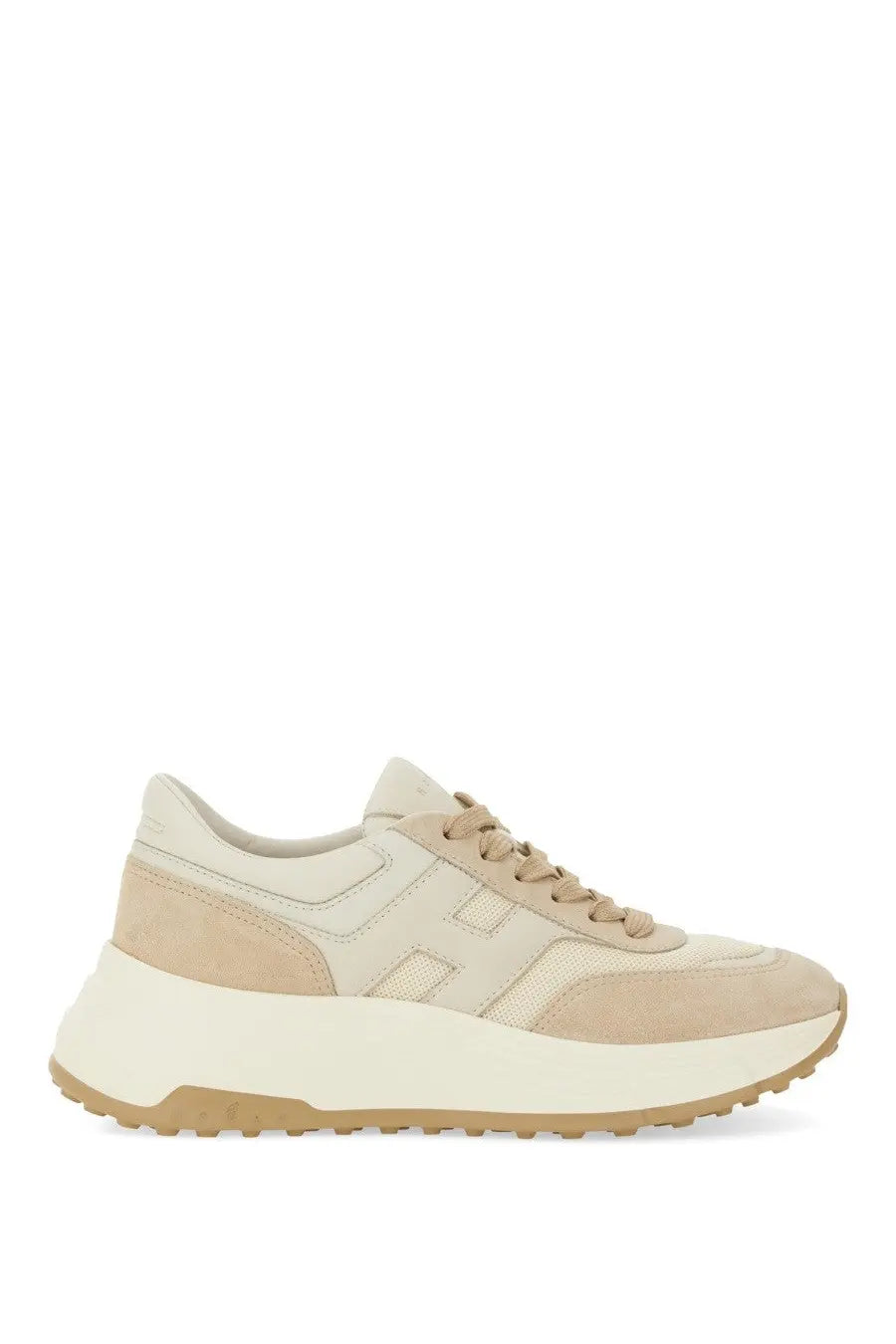 Hogan women’s leather sneaker beige with chunky sole suede and mesh upper and prominent h logo on the side