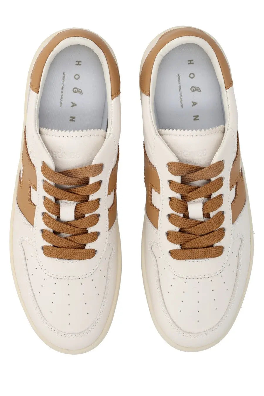 Hogan women’s beige leather sneaker with white and tan leather upper suede accents and matching laces