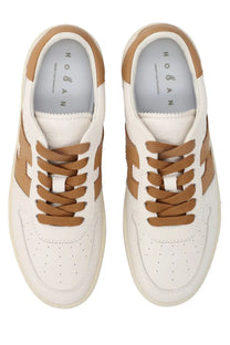 Hogan women’s beige leather sneaker with white and tan leather upper suede accents and matching laces