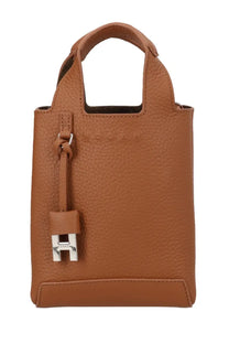 Tan leather hogan women’s mini shopping tote bag with silver h-shaped clasp and matching handle in brown