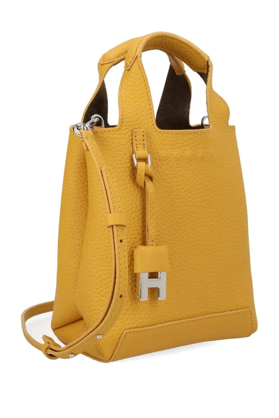 Hogan women’s mini shopping bag in mustard-yellow textured leather with silver-tone h clasp and matching shoulder strap