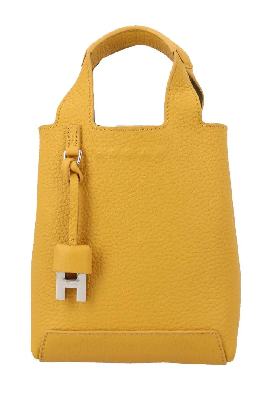Hogan women’s mini shopping bag in vibrant yellow leather with textured surface and silver h-shaped clasp