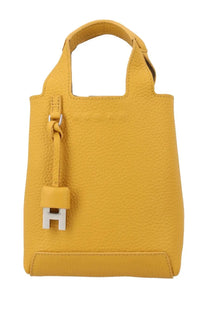 Hogan women’s mini shopping bag in vibrant yellow leather with textured surface and silver h-shaped clasp