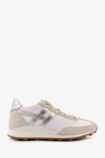 Hogan women’s nylon and suede sneakers in beige with off-white suede upper, silver metallic stripes, and gum rubber sole