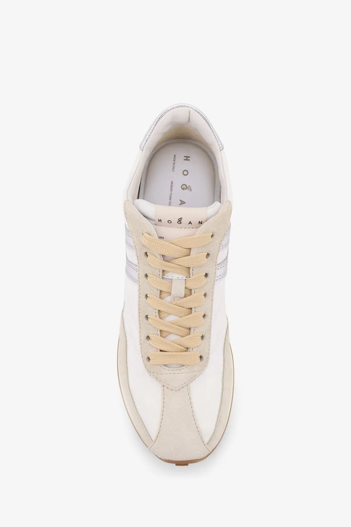Hogan women’s white leather nylon and suede sneaker with beige laces and subtle silver stripes