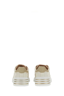Hogan women’s Rebel sneaker cream-colored suede with white rubber sole and gold metallic stripes