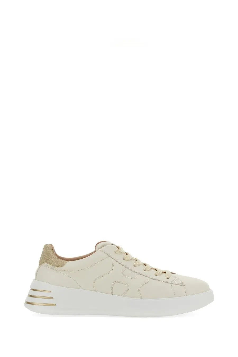 Back view of cream-colored suede hogan women’s rebel sneaker with white rubber sole and gold-tone heel stripes